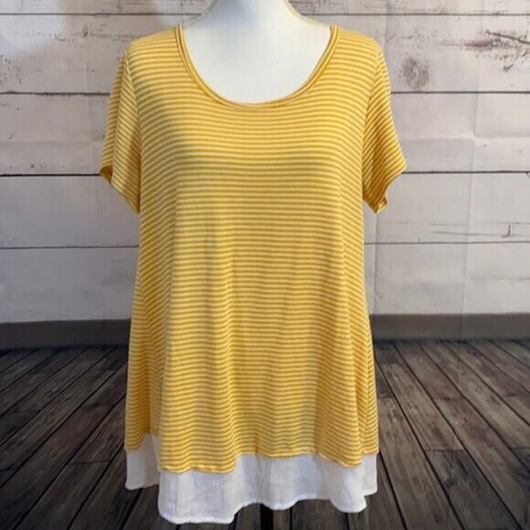 Bobeau Top Tee Shirt Womens Large Yellow Striped Ruffle Soft Button Back Peasant - Picture 1 of 13